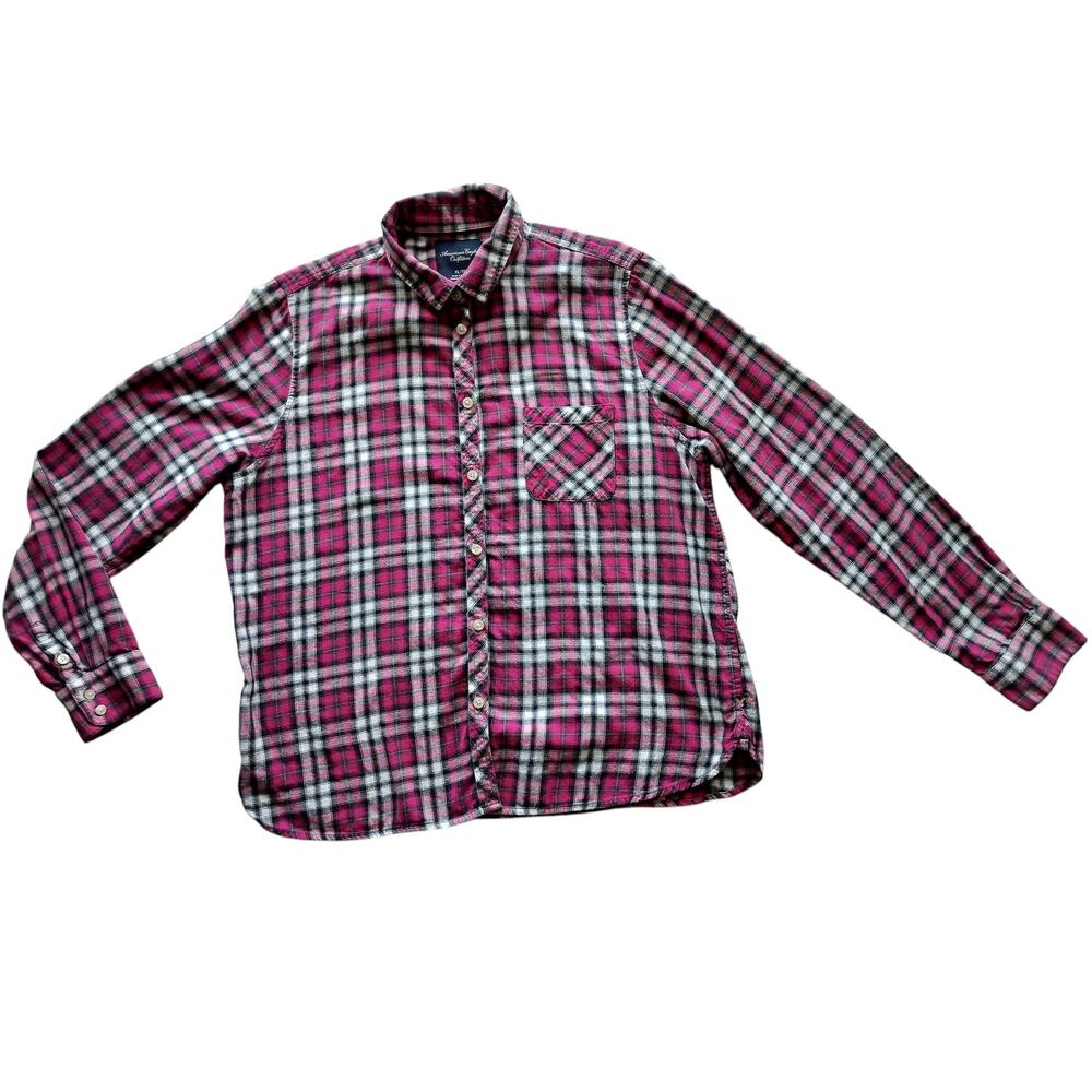 American Eagle‎ Women's Pink White Plaid Long Sleeve Button Down Shirt Size XL